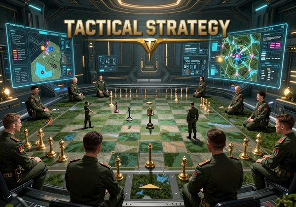 Tactical Pressure Shortlist collection - war room with commanders studying a holographic battlefield map