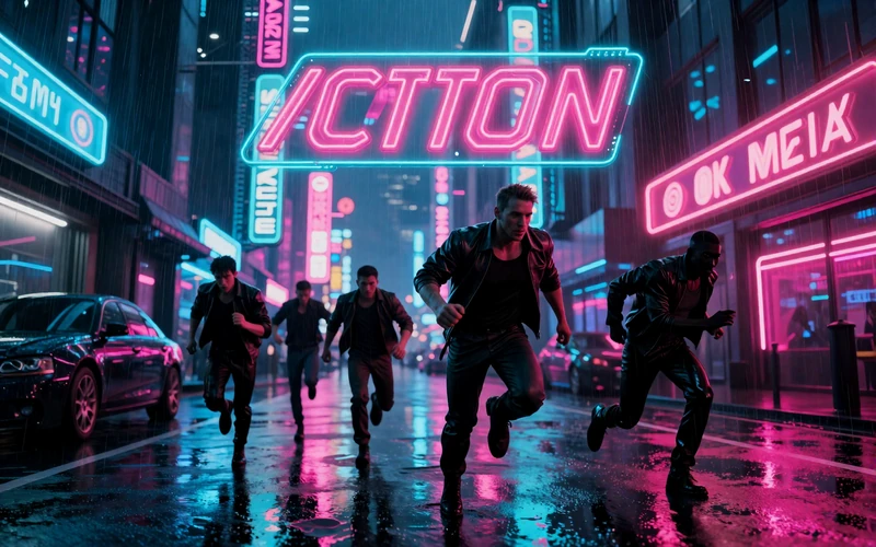 Late Neon Shortlist collection - cinematic cover of dark rain-soaked cyberpunk city streets with neon signs and action heroes