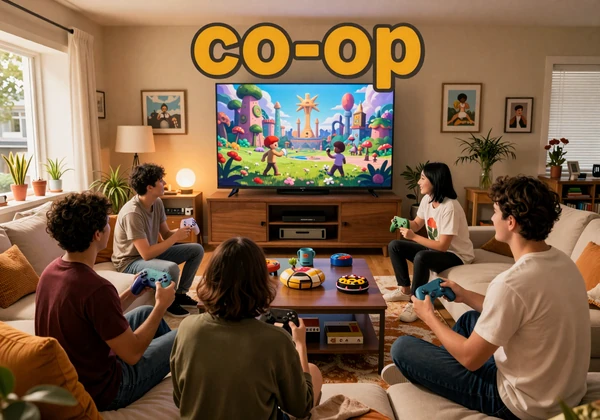 Together Weekend Shortlist collection - friends playing games together in a cozy living room with a colorful fantasy adventure