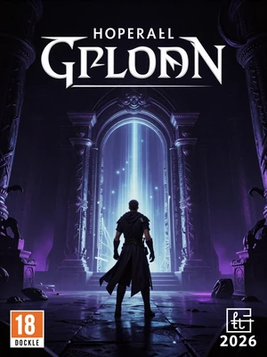 Blackglass Throne - dark fantasy RPG game cover featuring a lone warrior at an ancient glowing gate